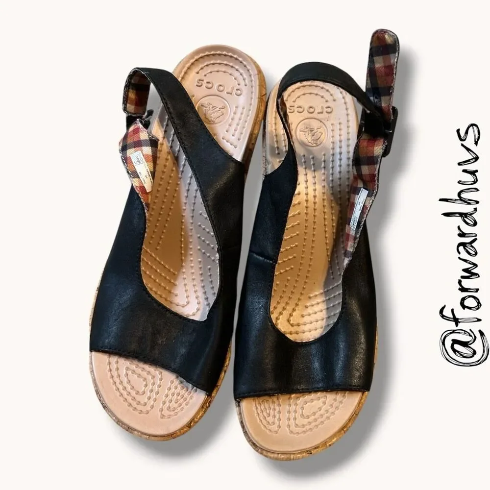 Crocs A-Leigh Cork Wedge Slingback Sandals Black Women’s 9